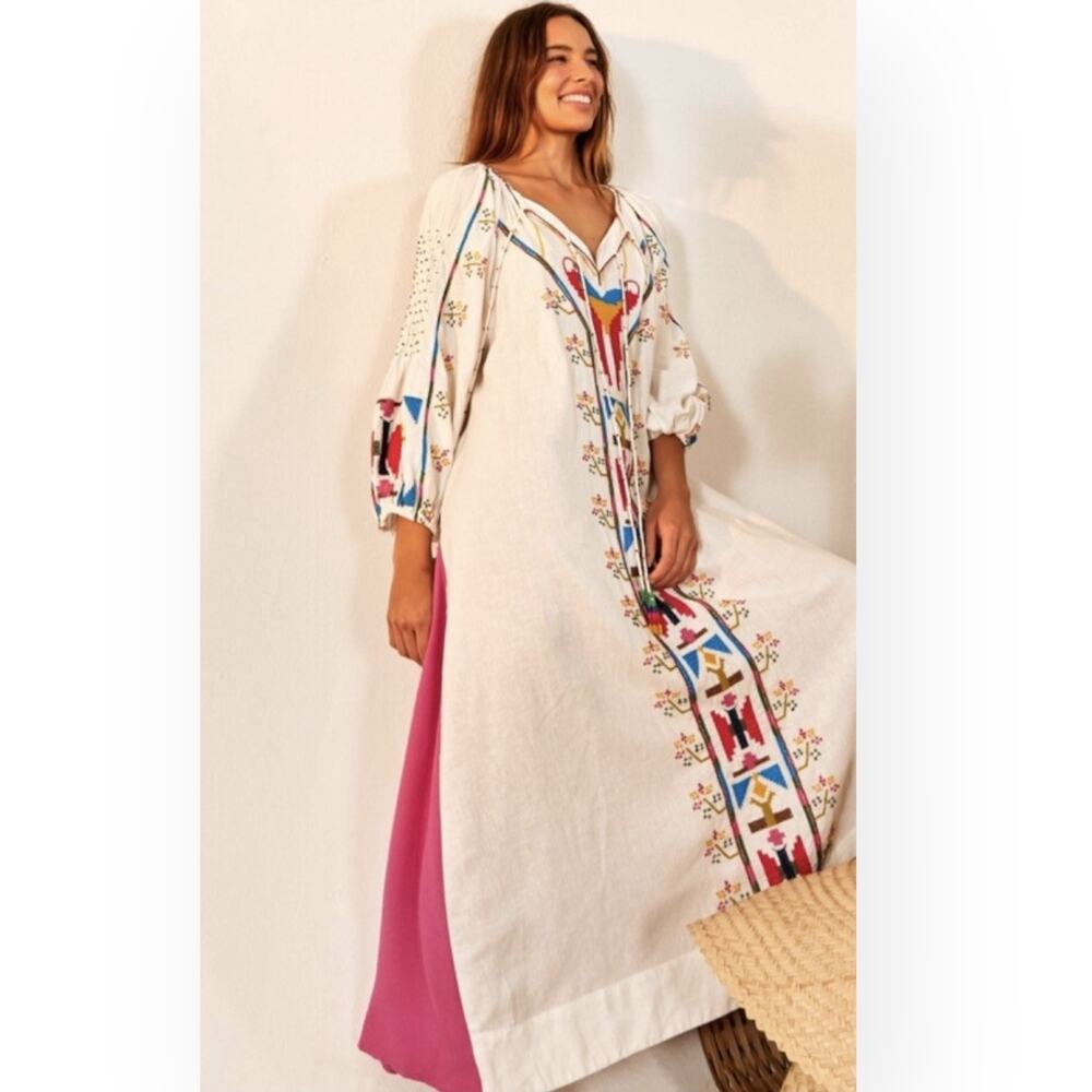 FARM RIO Macaw Embroidered Beaded Maxi Dress Caftan Tapestry Ethereal Wedding - Picture 3 of 15
